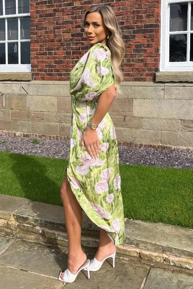 AX Paris Green Floral Satin Batwing Top Wrap Skirt Midi Dress Women Dresses