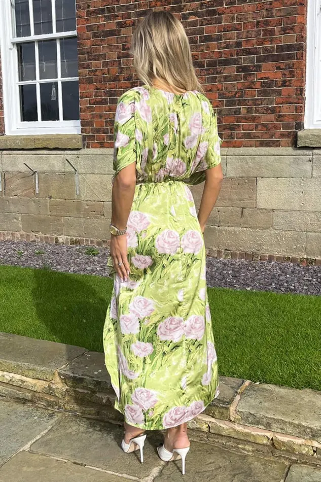 AX Paris Green Floral Satin Batwing Top Wrap Skirt Midi Dress Women Dresses