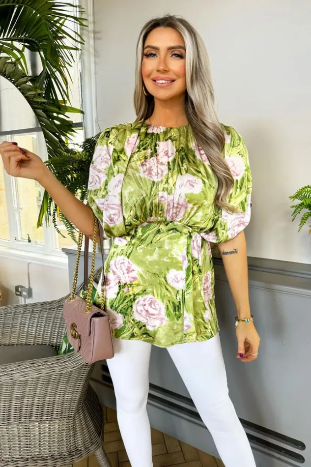 AX Paris Green Floral Satin Ruched Shoulder Batwing Top Women Tops