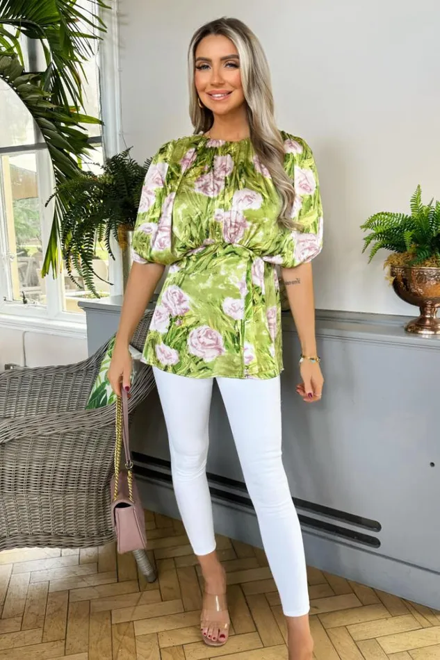AX Paris Green Floral Satin Ruched Shoulder Batwing Top Women Tops