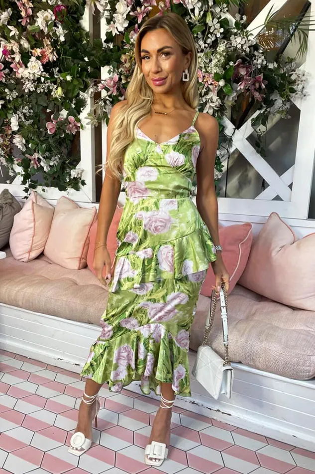AX Paris Green Floral Satin Ruffle Midi Dress Women Dresses