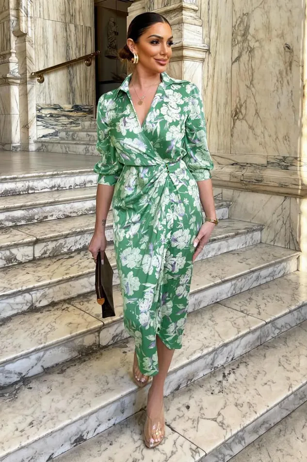 AX Paris Green Floral Wrap Shirt Midi Dress Women Dresses