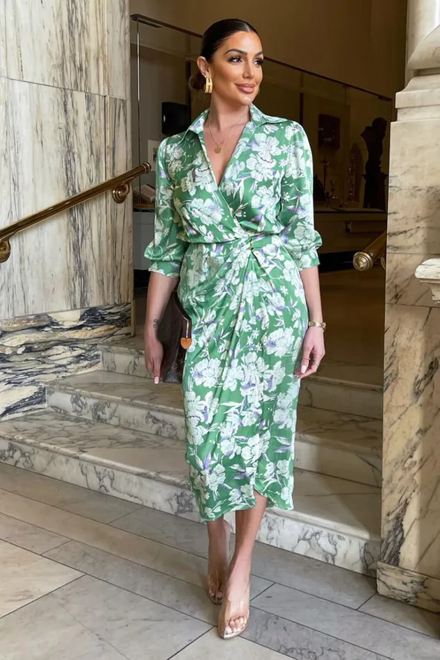AX Paris Green Floral Wrap Shirt Midi Dress Women Dresses
