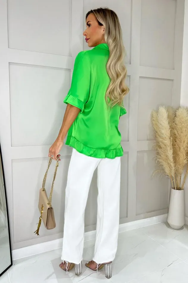 AX Paris Green Frill Detail Gold Button Front Shirt Women Tops