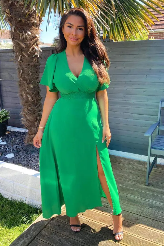 AX Paris Green Gathered Waist Midi Dress Women Dresses