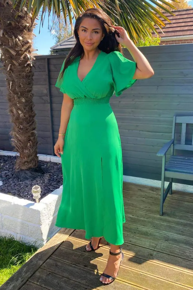 AX Paris Green Gathered Waist Midi Dress Women Dresses