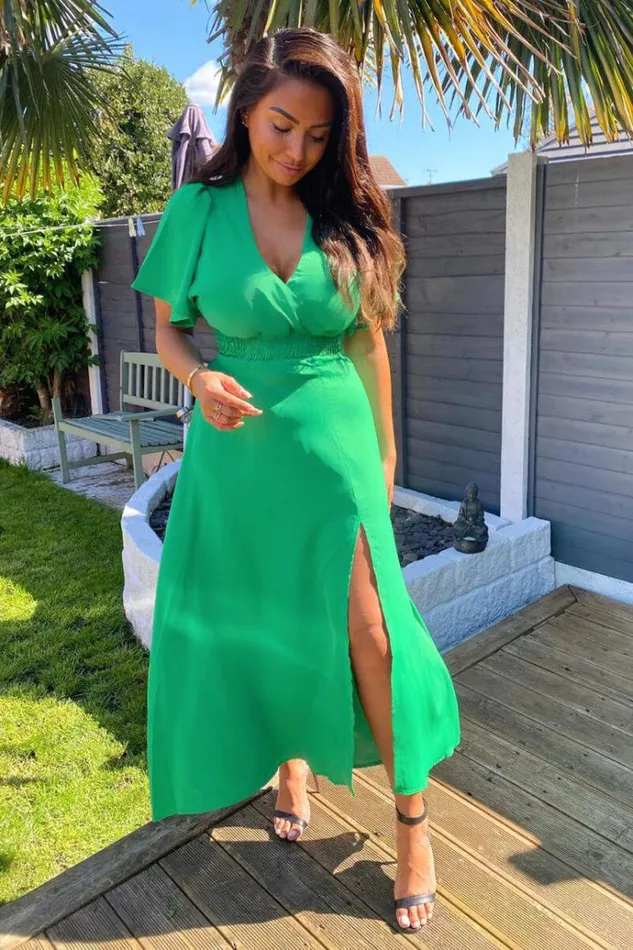 AX Paris Green Gathered Waist Midi Dress Women Dresses