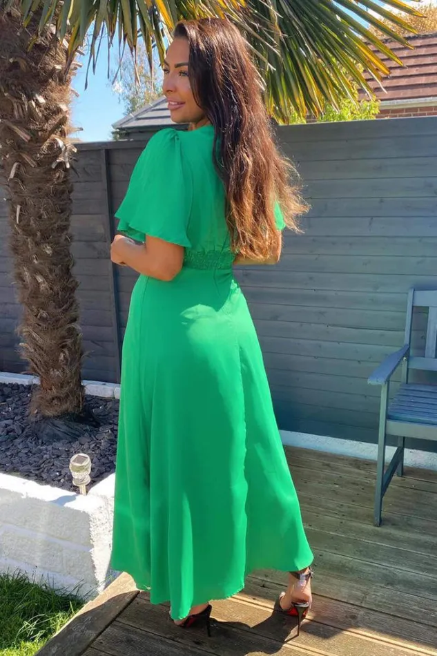 AX Paris Green Gathered Waist Midi Dress Women Dresses