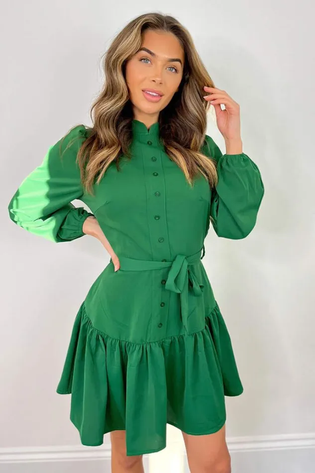 AX Paris Green High Neck Button Frill Hem Dress Women Dresses