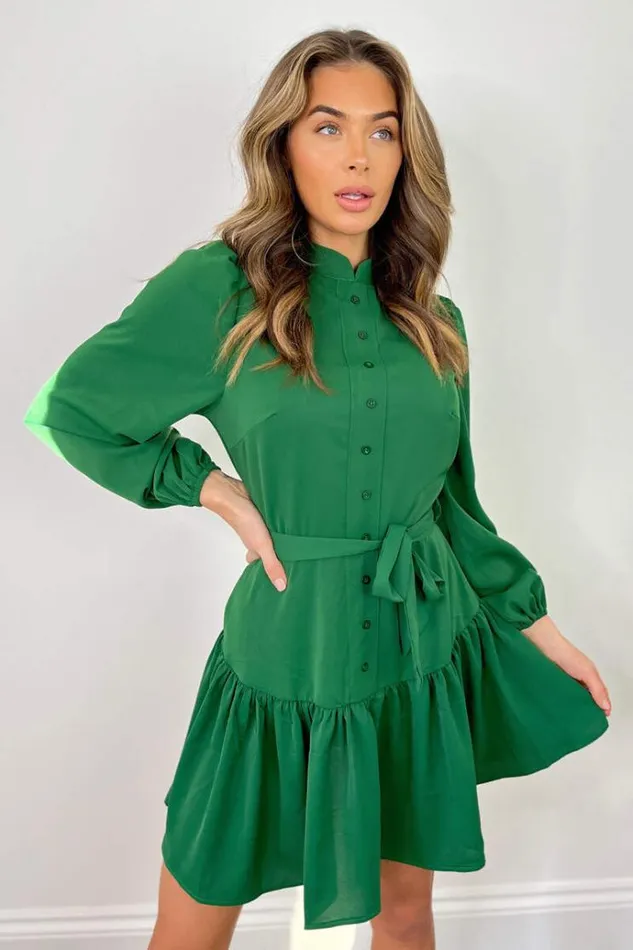 AX Paris Green High Neck Button Frill Hem Dress Women Dresses