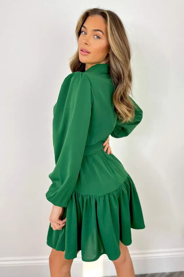 AX Paris Green High Neck Button Frill Hem Dress Women Dresses