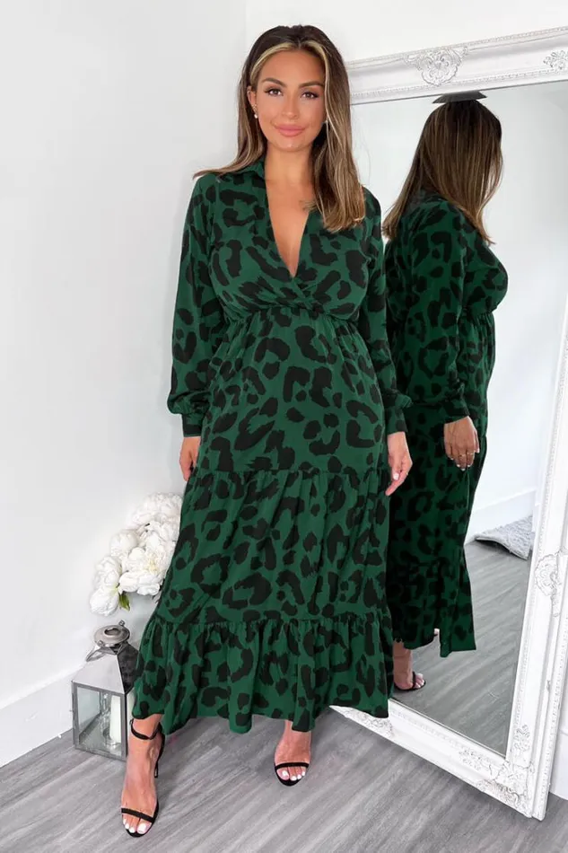 AX Paris Green Leopard Print Long Sleeve Smock Midi Dress Women Dresses