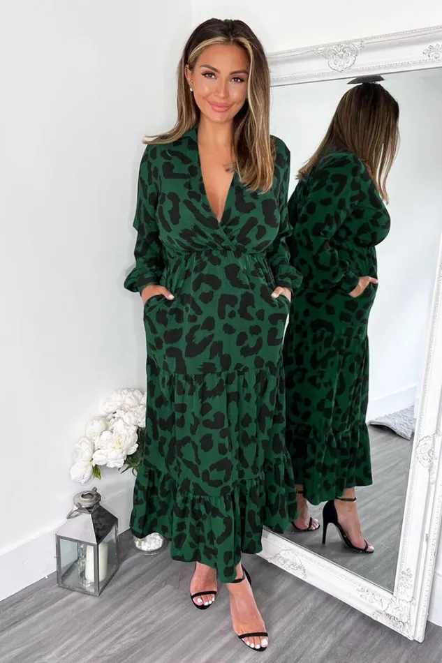 AX Paris Green Leopard Print Long Sleeve Smock Midi Dress Women Dresses