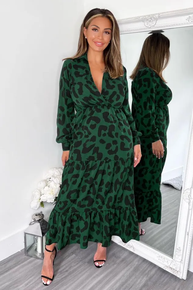 AX Paris Green Leopard Print Long Sleeve Smock Midi Dress Women Dresses