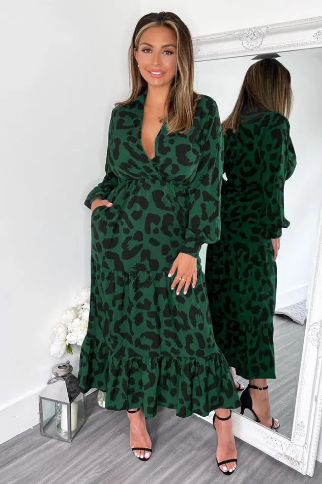 AX Paris Green Leopard Print Long Sleeve Smock Midi Dress Women Dresses