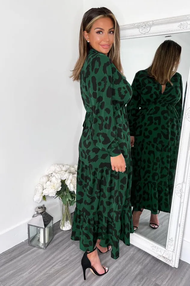 AX Paris Green Leopard Print Long Sleeve Smock Midi Dress Women Dresses