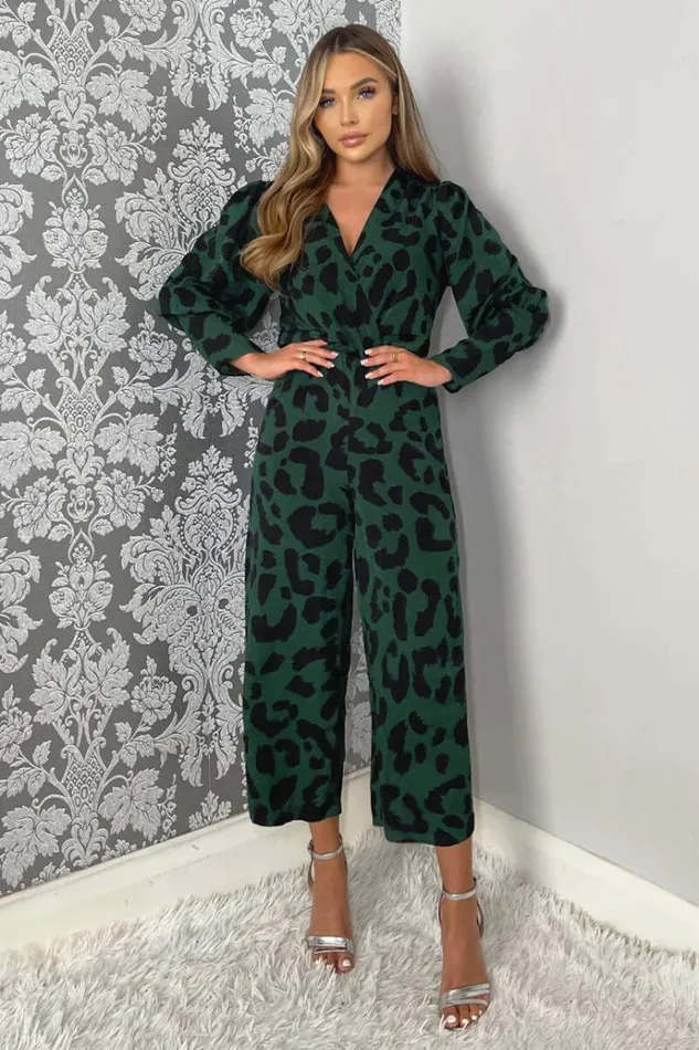 AX Paris Green Leopard Print Wrap Top Culotte Jumpsuit Women Jumpsuits And Playsuits