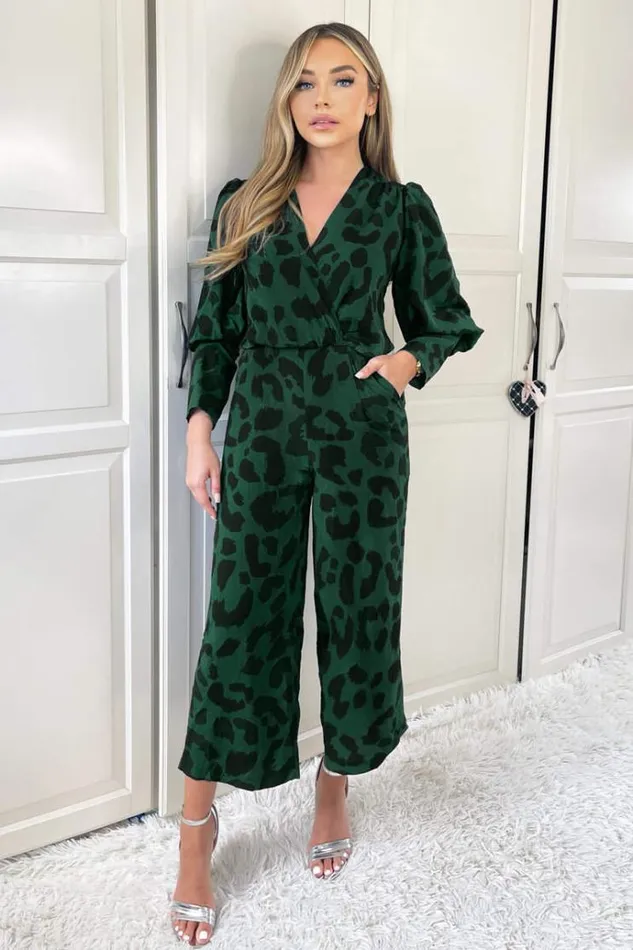 AX Paris Green Leopard Print Wrap Top Culotte Jumpsuit Women Jumpsuits And Playsuits