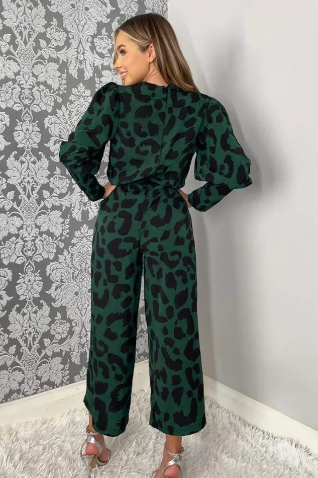 AX Paris Green Leopard Print Wrap Top Culotte Jumpsuit Women Jumpsuits And Playsuits