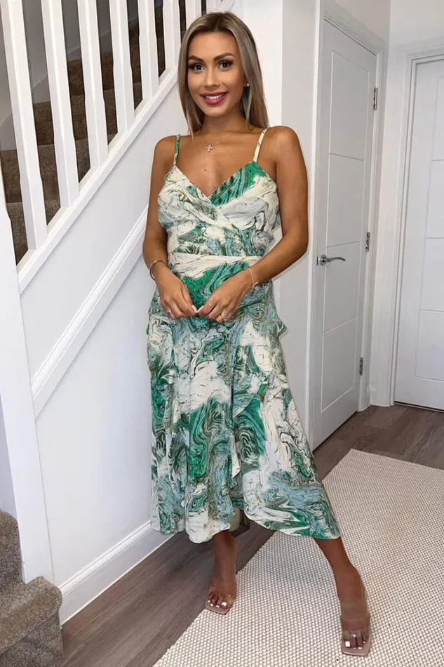 AX Paris Green Marble Print Double Frill Strappy Midi Dress Women Dresses