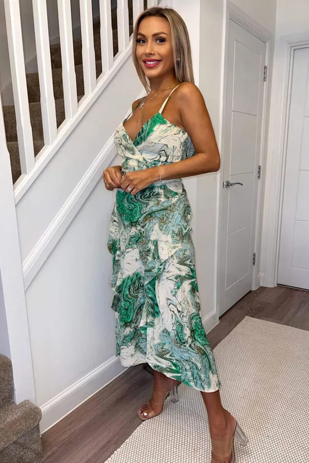 AX Paris Green Marble Print Double Frill Strappy Midi Dress Women Dresses