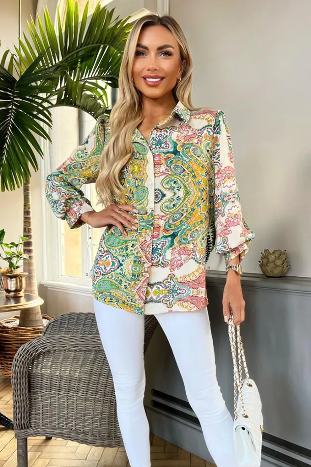 AX Paris Green Paisley Multi Print Button Front 34 Sleeve Shirt Women Tops