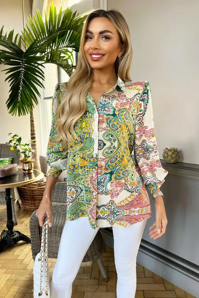AX Paris Green Paisley Multi Print Button Front 34 Sleeve Shirt Women Tops