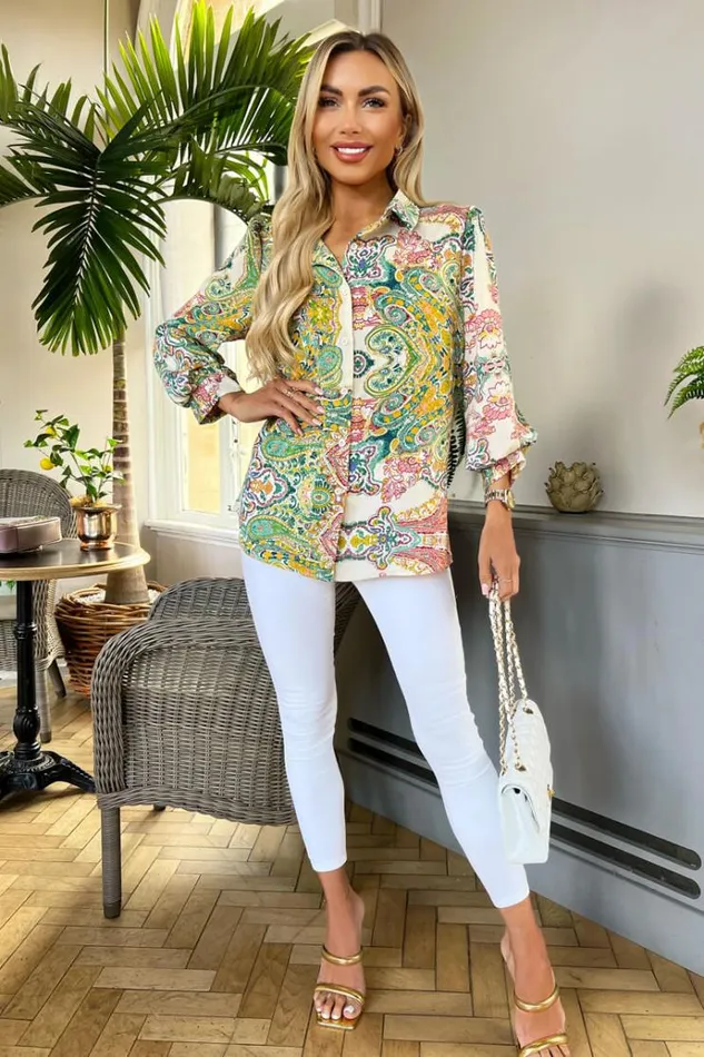 AX Paris Green Paisley Multi Print Button Front 34 Sleeve Shirt Women Tops