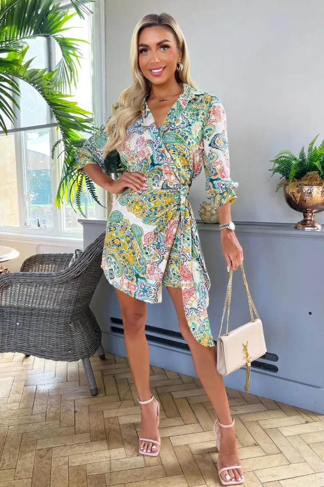 AX Paris Green Paisley Multi Printed 34 Sleeve Wrap Tie Mini Dress Women Dresses AX Paris Green Paisley Multi Printed 34 Sleeve Wrap Tie Mini Dress Women Dresses