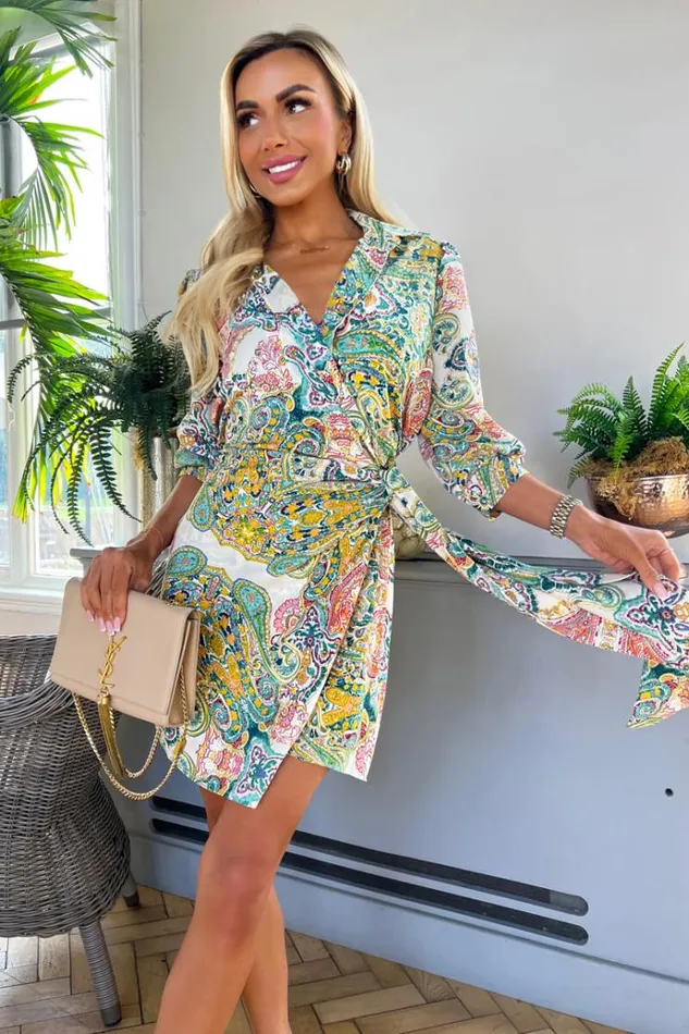 AX Paris Green Paisley Multi Printed 34 Sleeve Wrap Tie Mini Dress Women Dresses