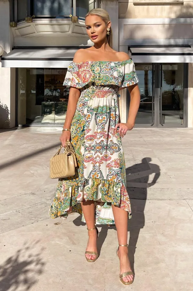 AX Paris Green Paisley Multi Printed Bardot Style Midi Dress Women Dresses