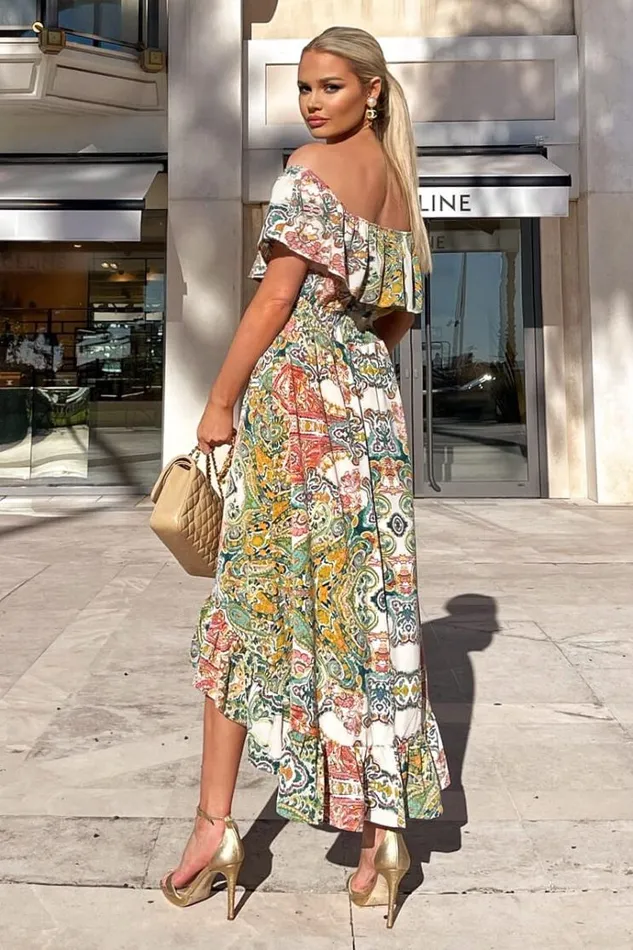 AX Paris Green Paisley Multi Printed Bardot Style Midi Dress Women Dresses