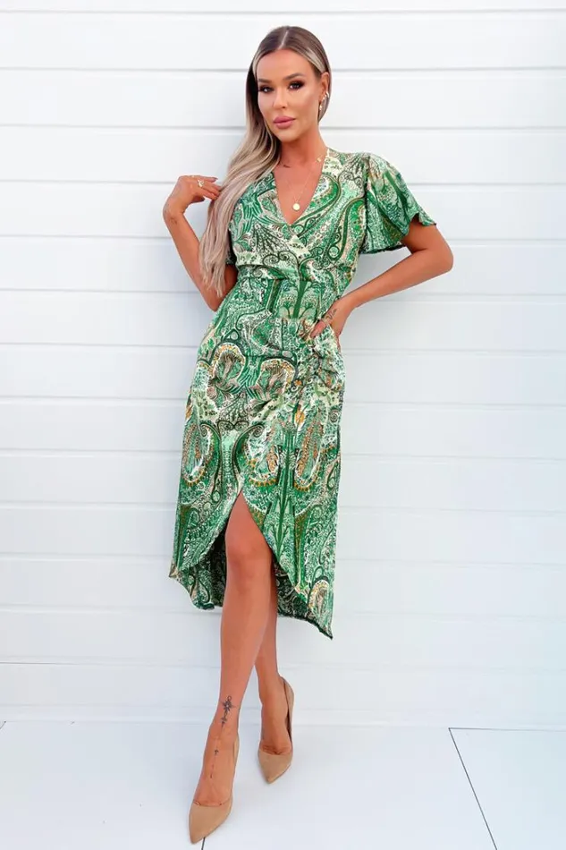 AX Paris Green Paisley Printed VNeck Belted Wrap Midi Dress Women Dresses