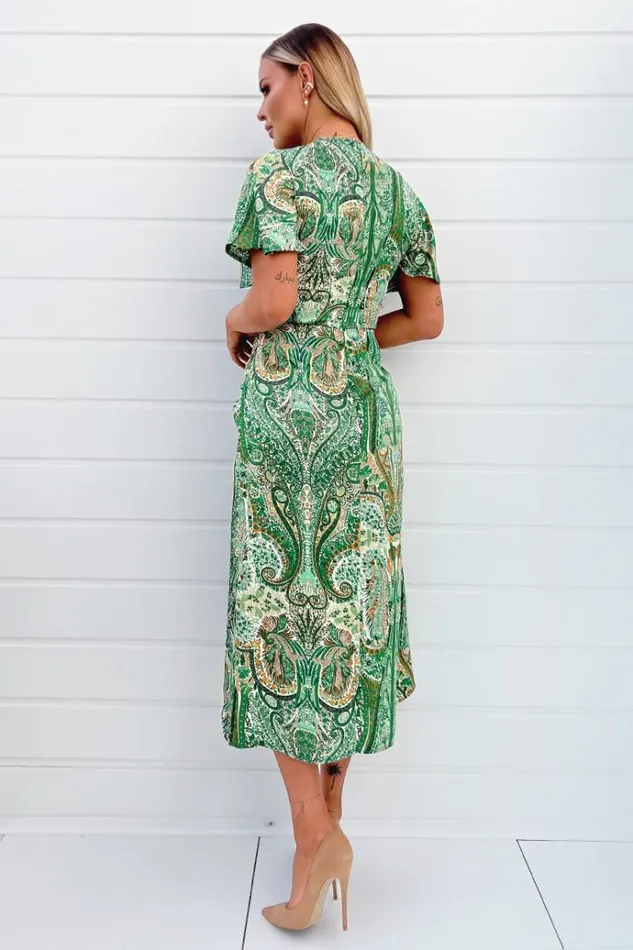 AX Paris Green Paisley Printed VNeck Belted Wrap Midi Dress Women Dresses