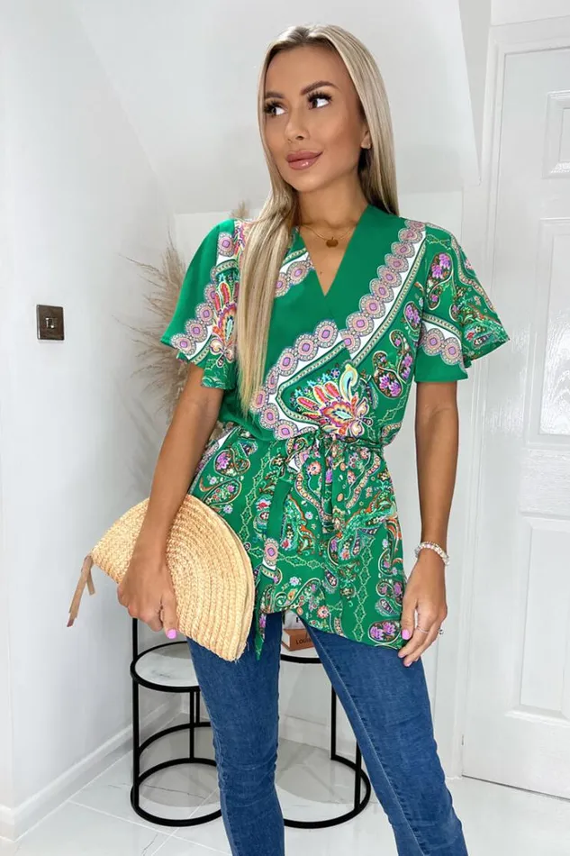 AX Paris Green Paisley Printed Wrap Short Sleeve Belted Top Women Tops