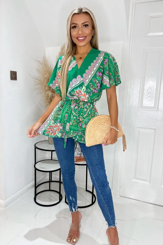 AX Paris Green Paisley Printed Wrap Short Sleeve Belted Top Women Tops