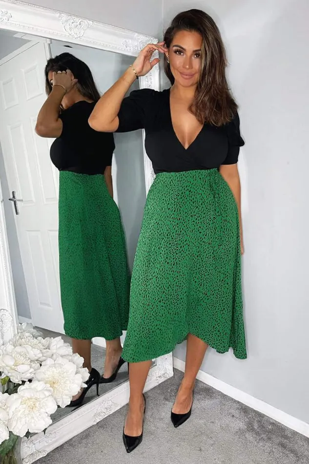 AX Paris Green Printed 2 In 1 Wrap Over Tie Side Dress Women Dresses