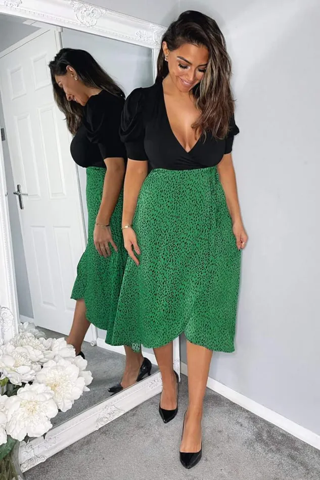 AX Paris Green Printed 2 In 1 Wrap Over Tie Side Dress Women Dresses