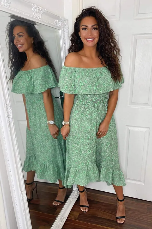 AX Paris Green Printed Bardot Style Midi Dress Women Dresses