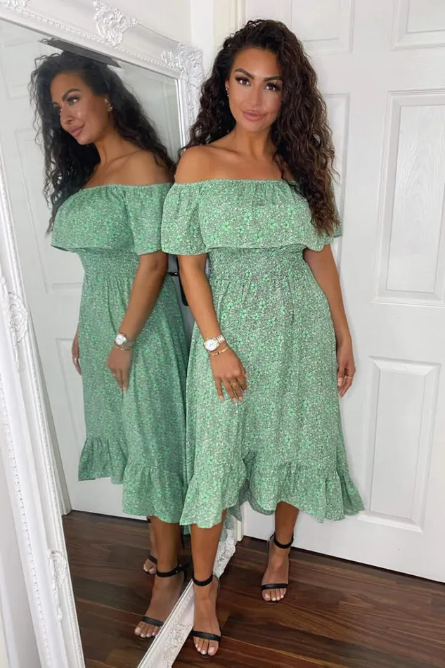 AX Paris Green Printed Bardot Style Midi Dress Women Dresses