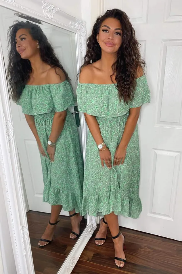 AX Paris Green Printed Bardot Style Midi Dress Women Dresses