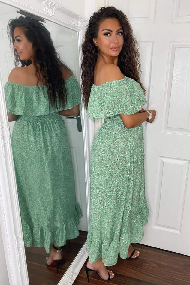 AX Paris Green Printed Bardot Style Midi Dress Women Dresses