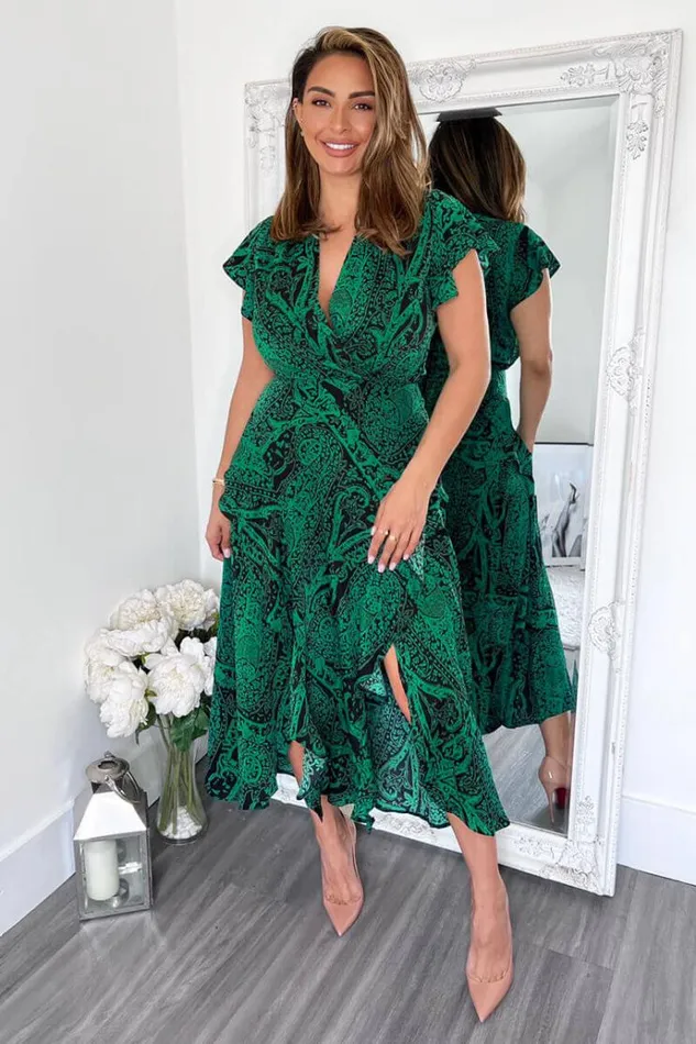 AX Paris Green Printed Double Frill Split Midi Dress Women Dresses