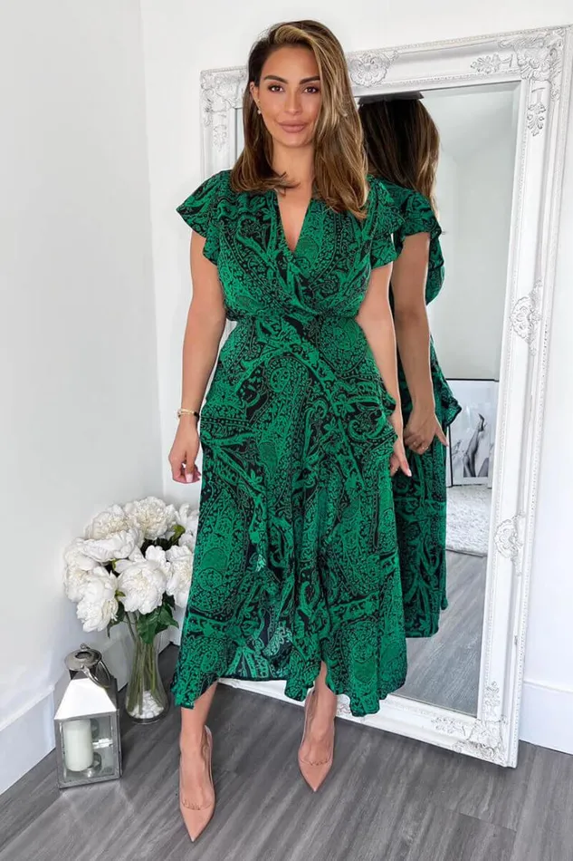 AX Paris Green Printed Double Frill Split Midi Dress Women Dresses