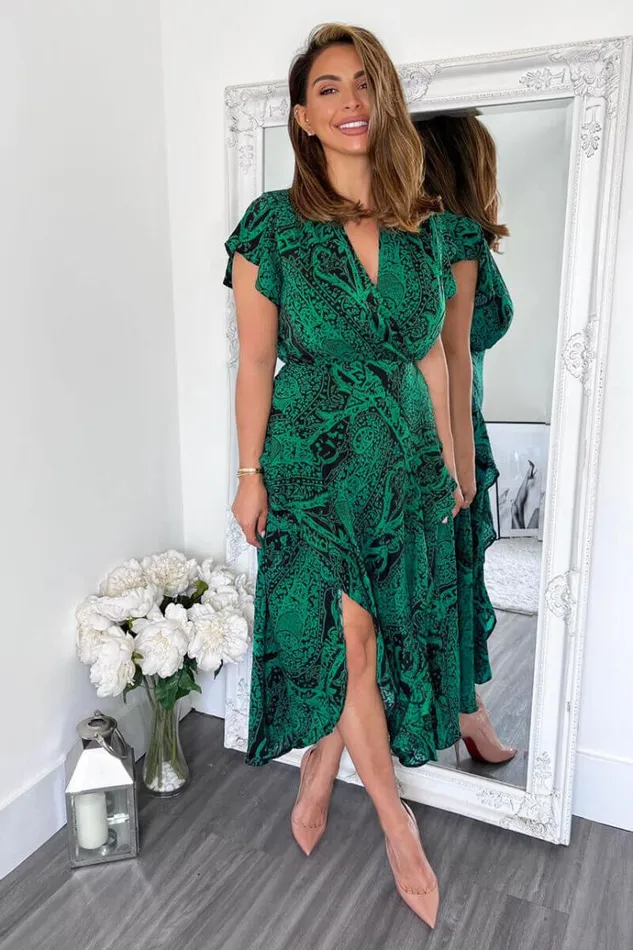 AX Paris Green Printed Double Frill Split Midi Dress Women Dresses