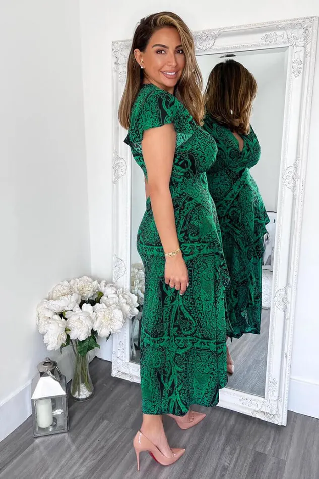 AX Paris Green Printed Double Frill Split Midi Dress Women Dresses