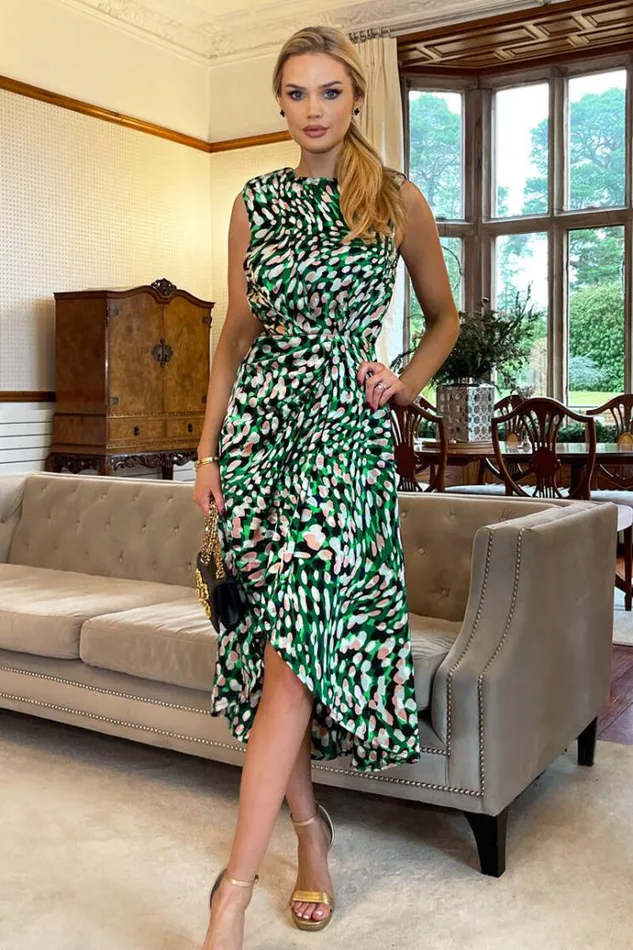AX Paris Green Printed Gathered Waist Midi Dress With Padded Shoulders Women Dresses AX Paris Green Printed Gathered Waist Midi Dress With Padded Shoulders Women Dresses