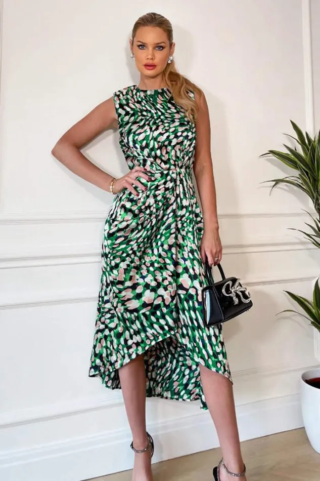 AX Paris Green Printed Gathered Waist Midi Dress With Padded Shoulders Women Dresses