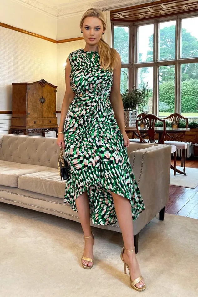 AX Paris Green Printed Gathered Waist Midi Dress With Padded Shoulders Women Dresses