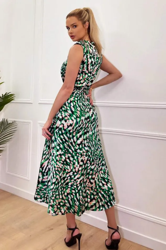 AX Paris Green Printed Gathered Waist Midi Dress With Padded Shoulders Women Dresses